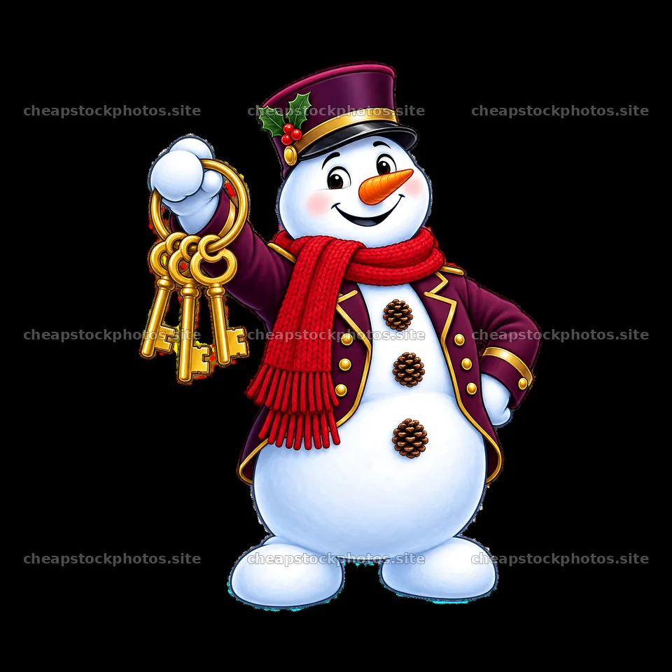 Snowman holding keys in Christmas villa scene – stock photos 7746x7746