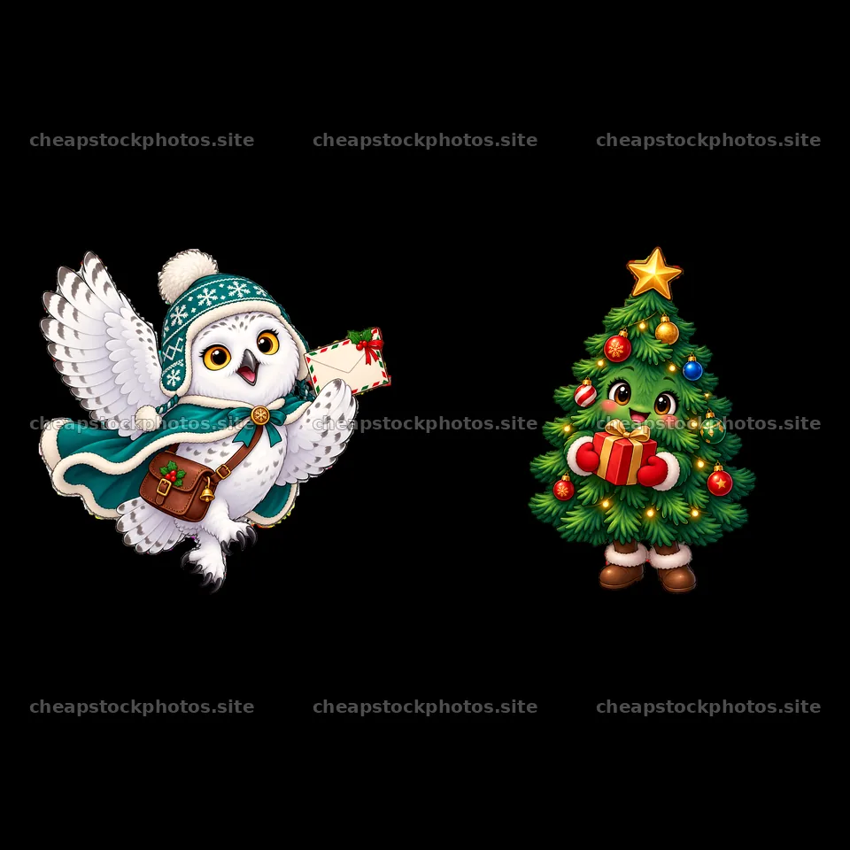 Owl delivering a letter and a Christmas tree with a star – stock photos 7746x7746