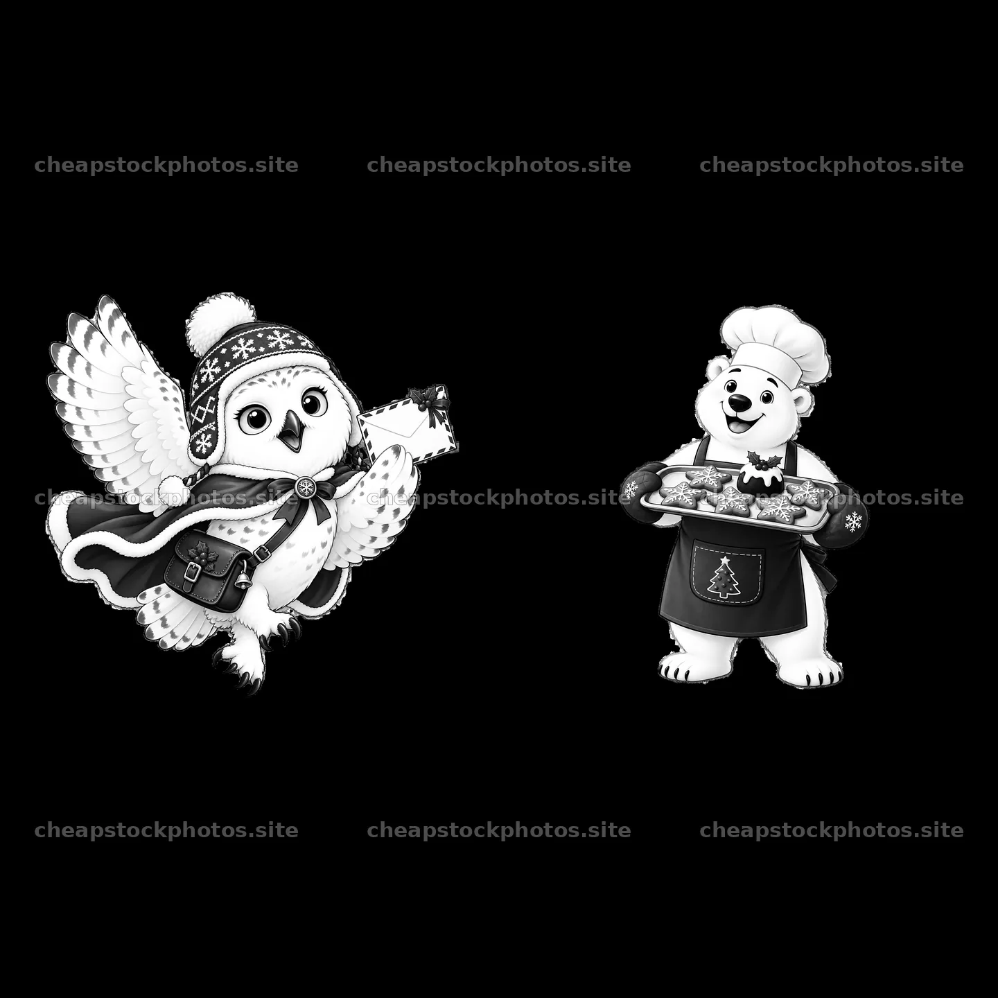 Owl and polar bear baking cookies for Christmas celebration – stock photos 7746x7746